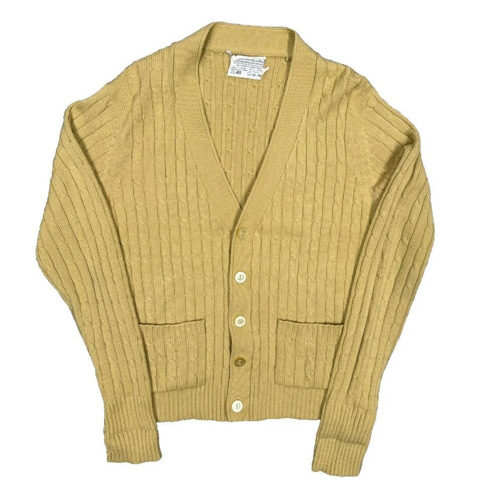 Vintage 1970s Sears Cable Knit Cardigan‎ Sweater Yellow Medium